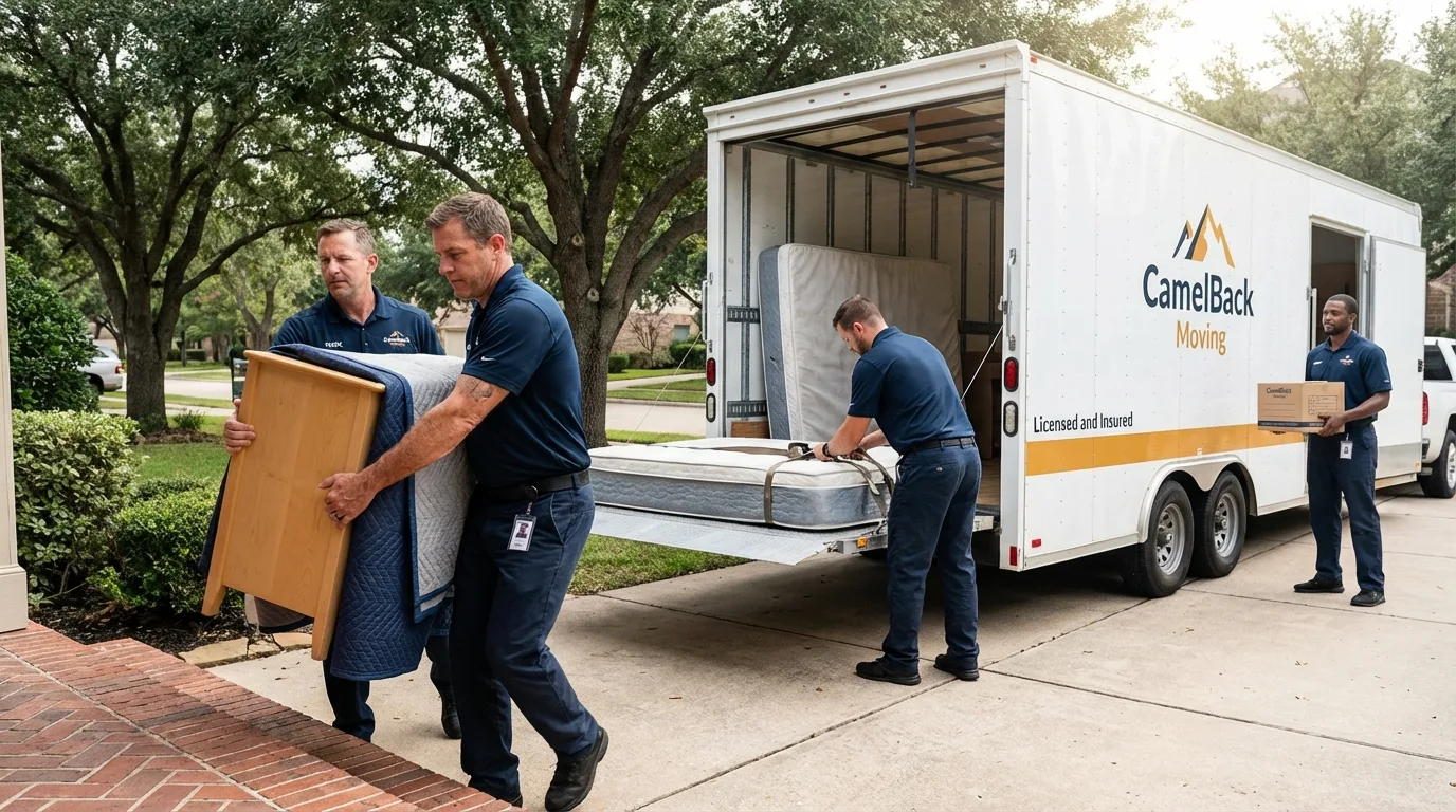 Crew loading residential truck for cross-state move from Stanton, ND