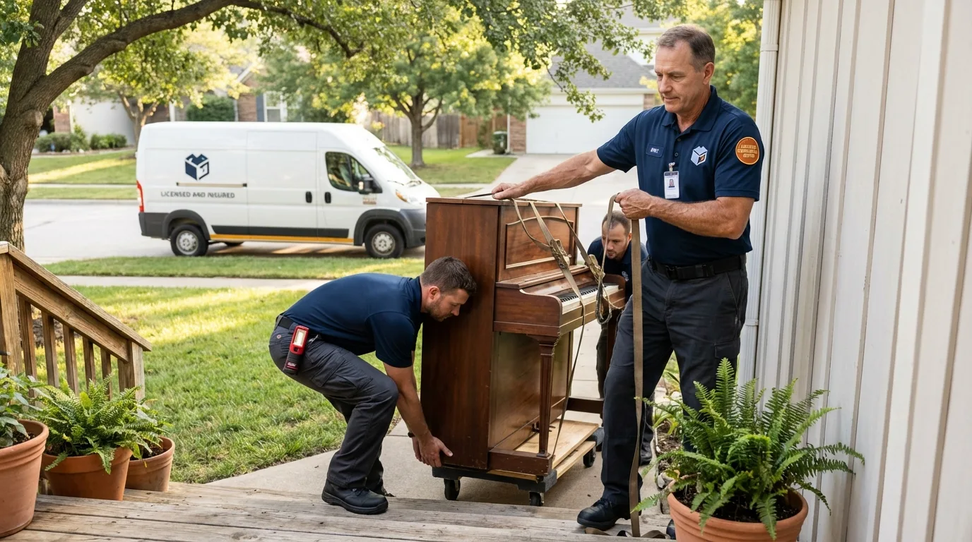 Licensed piano movers securing grand piano in Stanton, ND