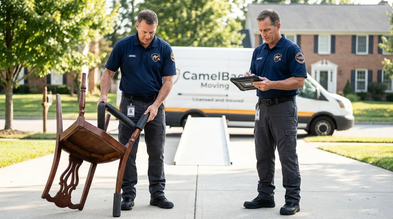 Movers inspecting furniture for damage prevention before loading in Stanton, ND
